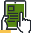 Illustration of a hand holding a tablet and another hand pointing to the screen