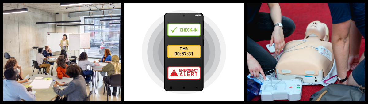 Photographs showing a training session, an emergency communications device, and a CPR mannequin