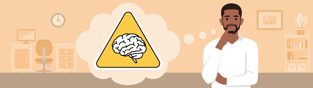 Graphic of person thinking about a yellow safety hazard sign with a brain on it