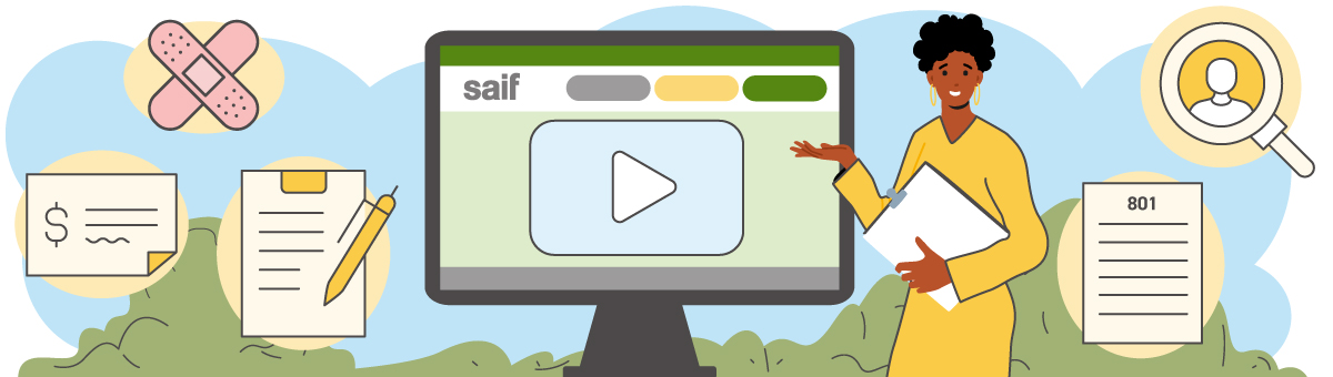 Illustration of a woman near a computer holding documents