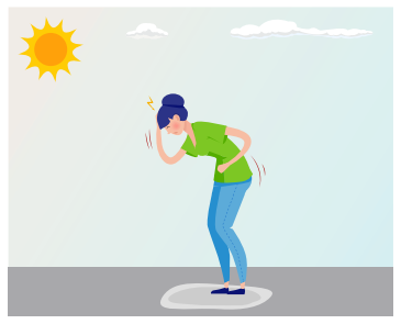 Illustration of a woman bent over from heat illness underneath the sun